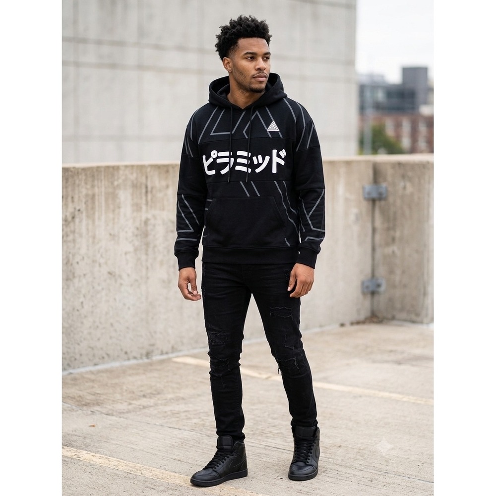 Black Pyramid‎ Mens Katakana Japanese Graphic Hoodie Black Large Streetwear Tech